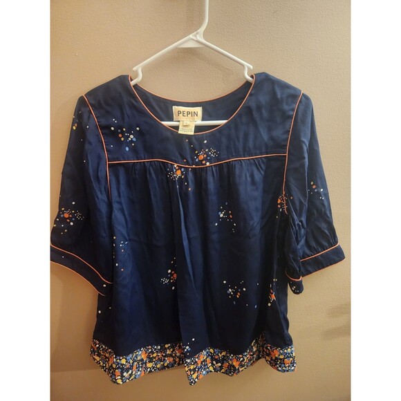 Pepin Blue Coral Splatter Multicolor Blouse Top Size L Viscose - Picture 1 of 3